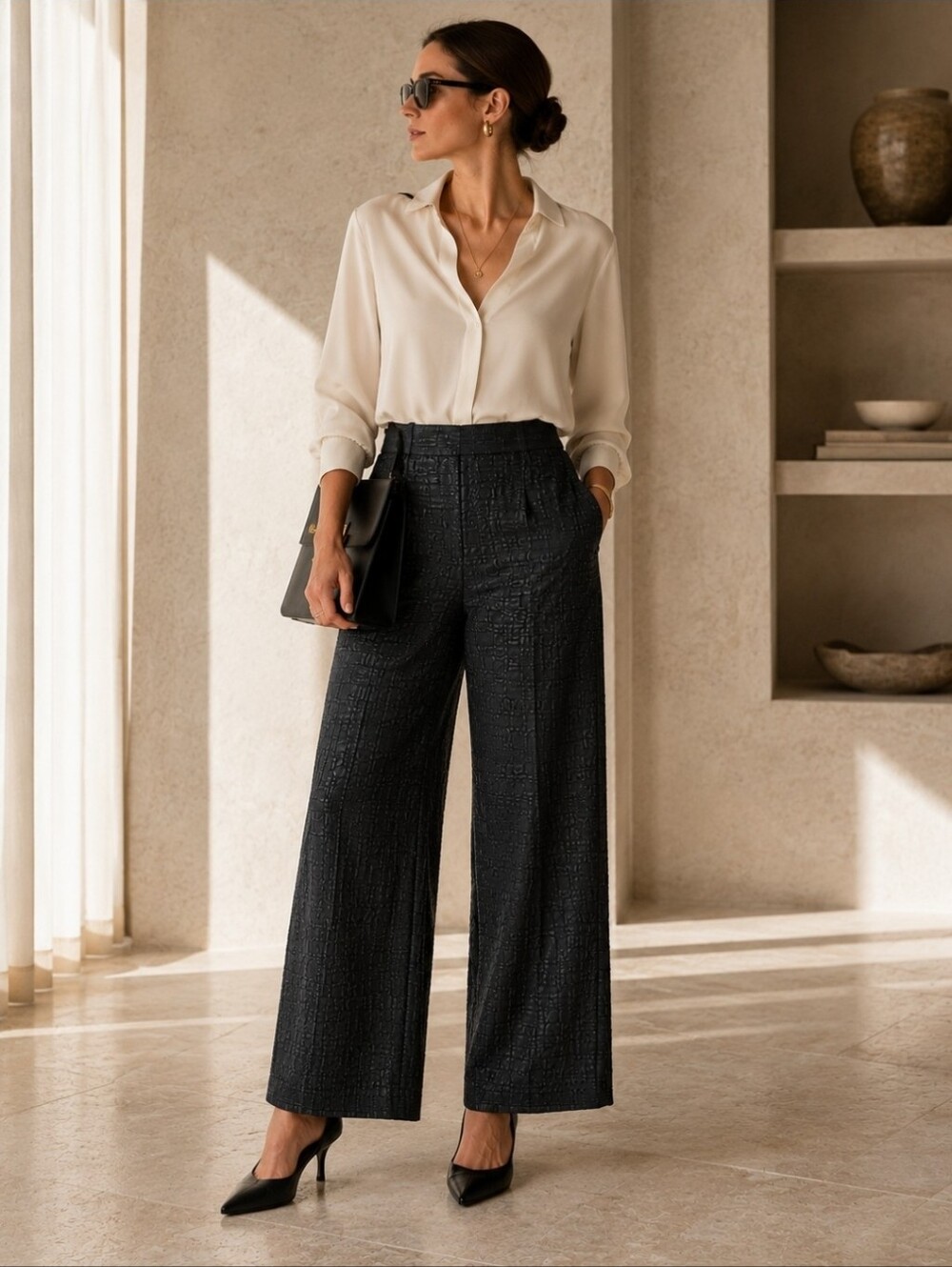 UK Made Luxury Wide Leg Jacquard Pants Lampo Zipper Stretch US 12 - Picture 1 of 14